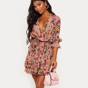 Dark Nude Floral Frill Detail Pleated Skater Dress